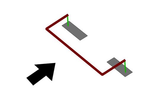 Diagram showing the lower control arm pulling the anti-roll bar link inward as viewed from this angle